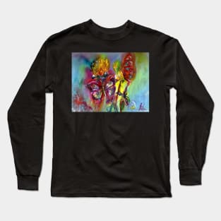 VIBRANT SPARKLING BUTTERFLIES ON YELLOW THISTLES Pink Blue Floral Long Sleeve T-Shirt